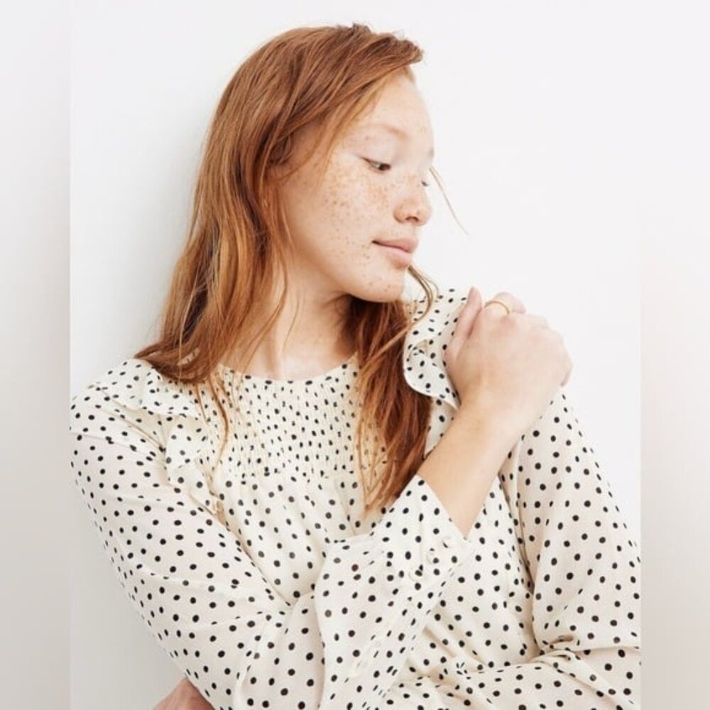 Madewell Smocked Ruffle-Shoulder Crinkled Georgette Midi Dress in Inkbrush Dots - Picture 2 of 12